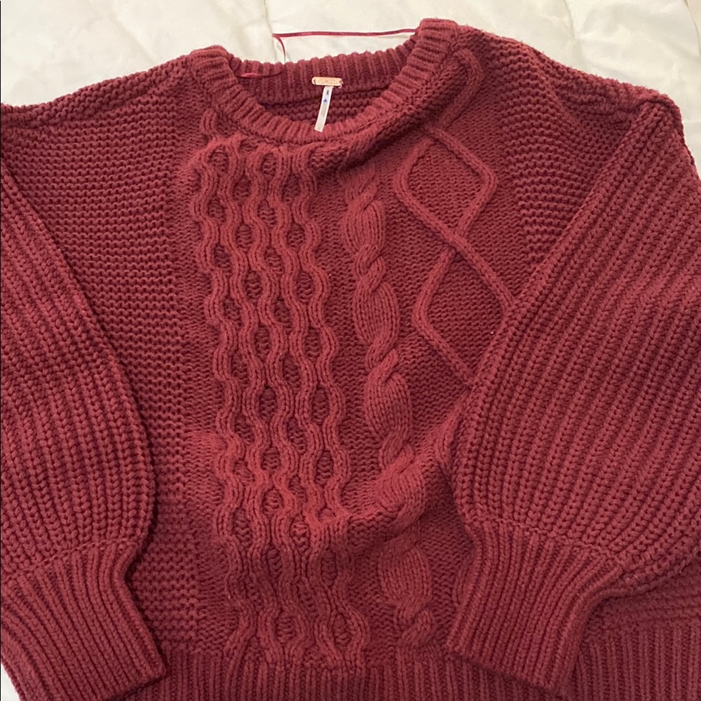 Free People Red Cable Knit Crew Neck Sweater